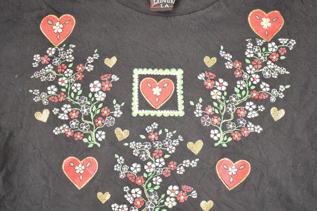 Vintage 1990's Destination LA Floral Hearts Souvenir Travel T-Shirt Women's XXL from propervintagecanada