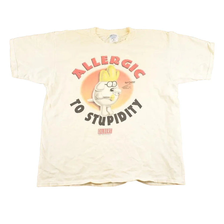 Vintage 1990's Dilbert Allergic To Stupidity Souvenir Funny T-Shirt Men's L from propervintagecanada