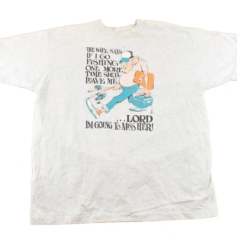 Vintage 1990's Fishing Wife Comedy Souvenir Travel T-Shirt Men's L from propervintagecanada