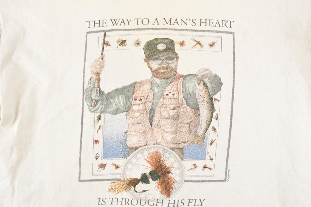 Vintage 1990's Fly Fishing Thrashed Comedy Souvenir T-Shirt Men's XL from propervintagecanada