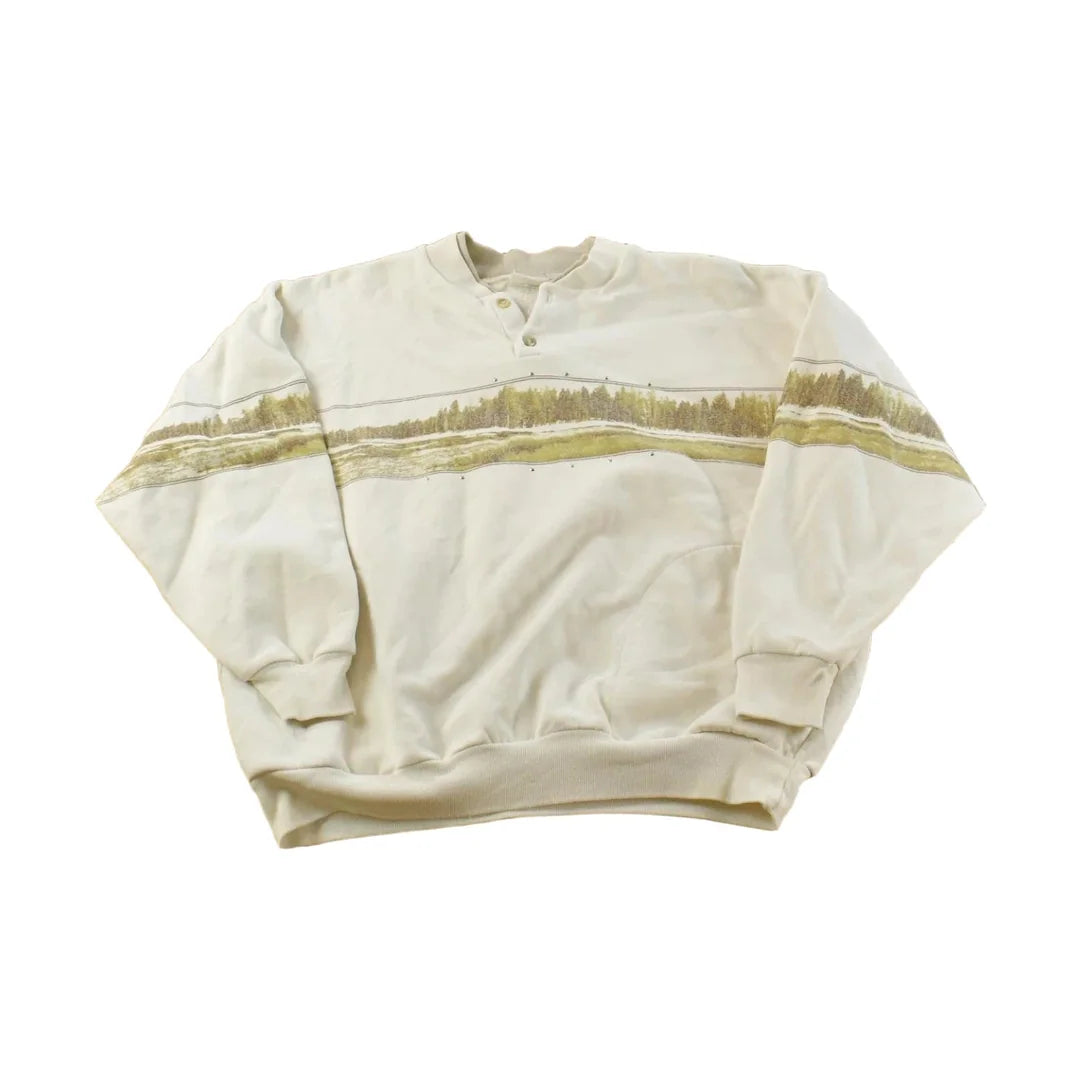 Vintage 1990's Forest Print Henley Sweatshirt ��� All Over Nature Wildlife Trees from propervintagecanada