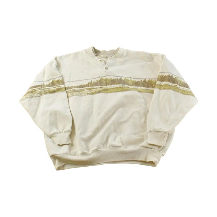 Vintage 1990's Forest Print Henley Sweatshirt ��� All Over Nature Wildlife Trees from propervintagecanada