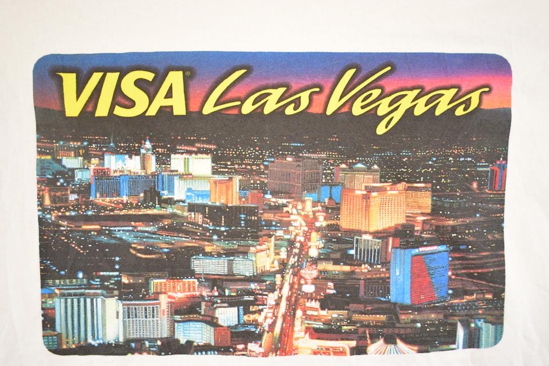 Vintage 1990's Las Vegas Nevada Visa Skyline Souvenir Travel T-Shirt Men's XL from propervintagecanada