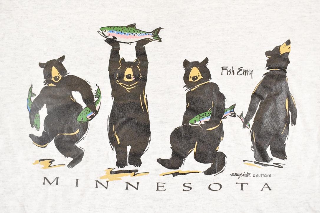 Vintage 1990's Minnesota Fish Envy Souvenir Funny Bears T-Shirt Men's S from propervintagecanada