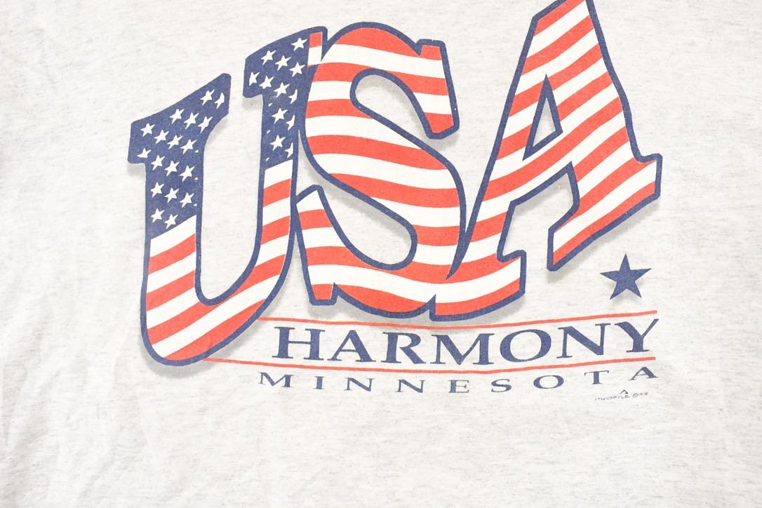 Vintage 1990's Minnesota USA Harmony Souvenir Travel T-Shirt Men's L from propervintagecanada