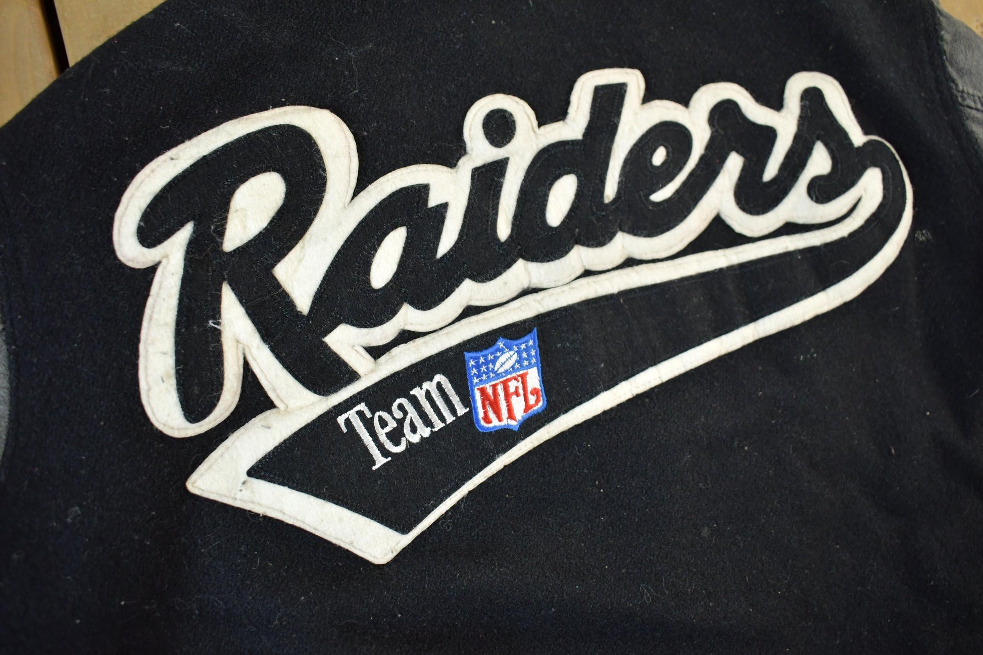 Vintage 1990's Oakland Los Angeles Raiders Leather Letterman Jacket Mens Medium from propervintagecanada
