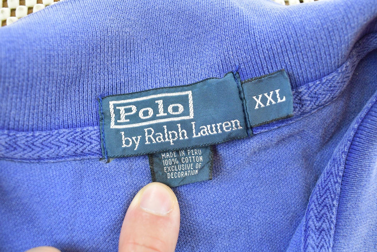 Vintage 1990's Polo Ralph Lauren Blue Double Pony Dual Match Number 2 Collared Golf T Shirt Men's XL from propervintagecanada