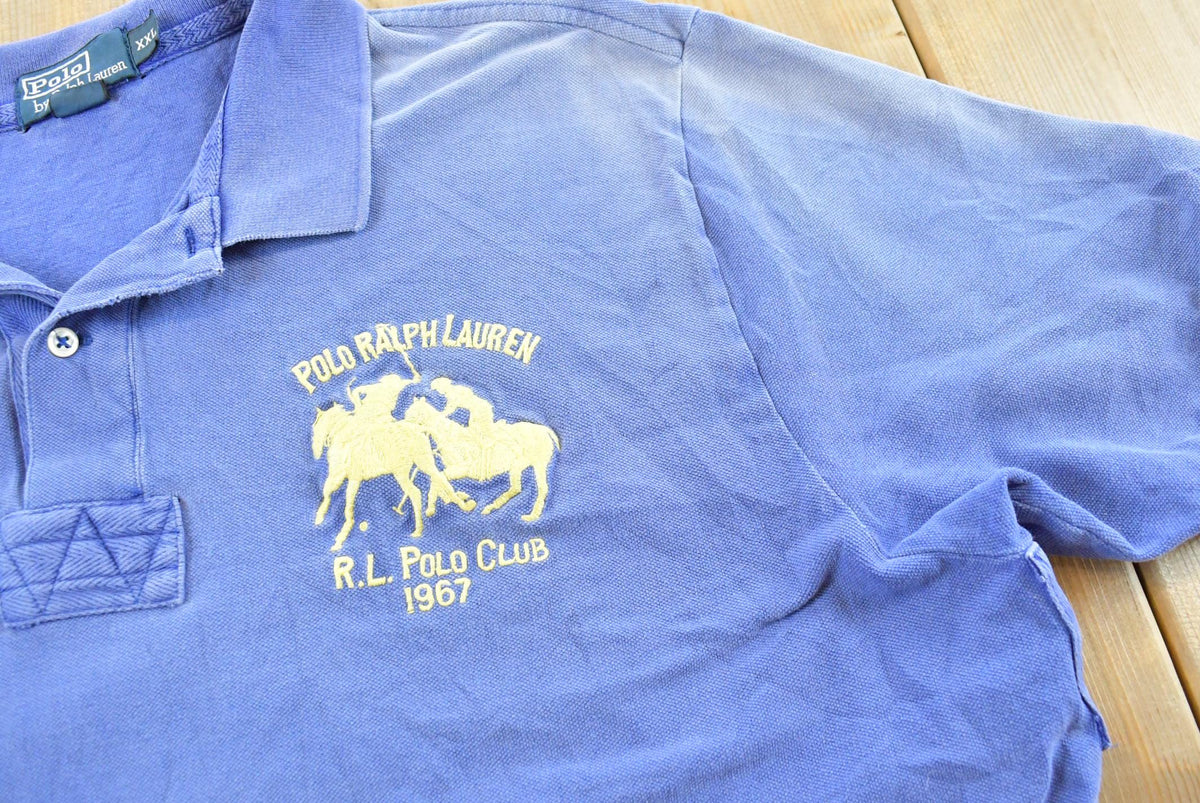 Vintage 1990's Polo Ralph Lauren Blue Double Pony Dual Match Number 2 Collared Golf T Shirt Men's XL from propervintagecanada