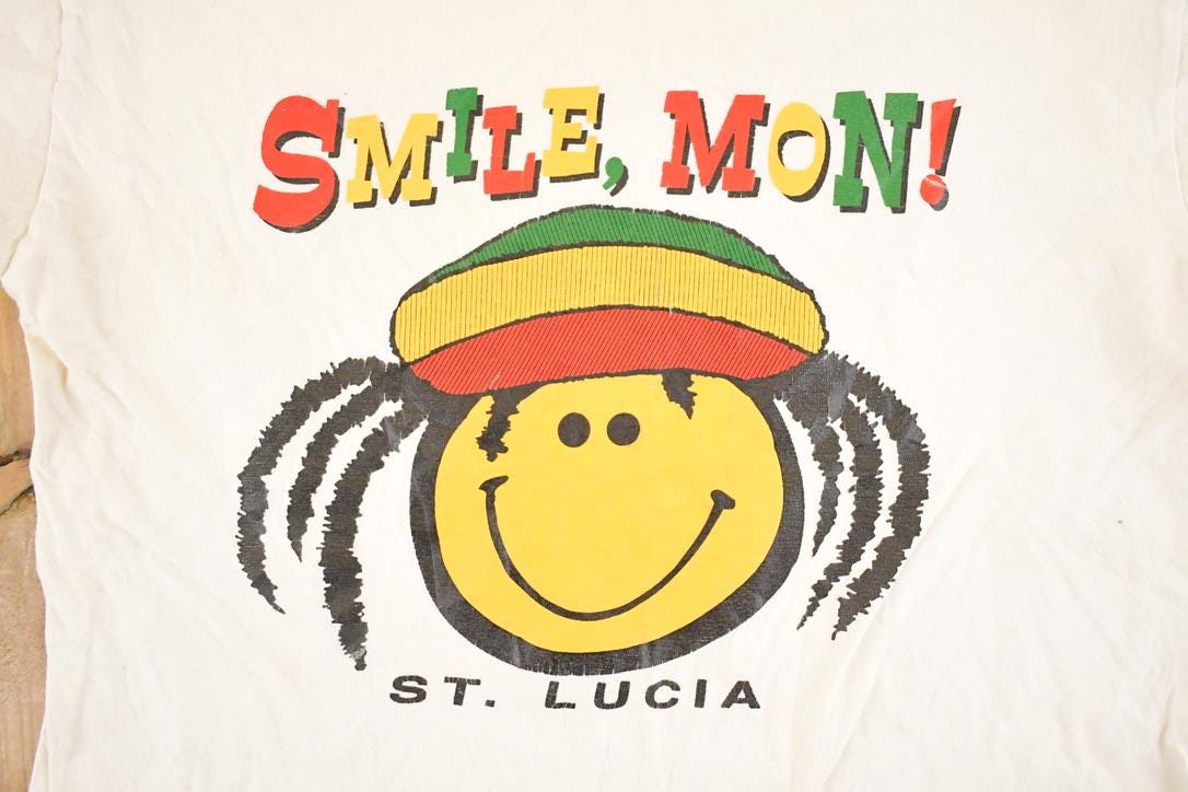 Vintage 1990's Smile Mon St Lucia Souvenir Travel T-Shirt Men's M from propervintagecanada