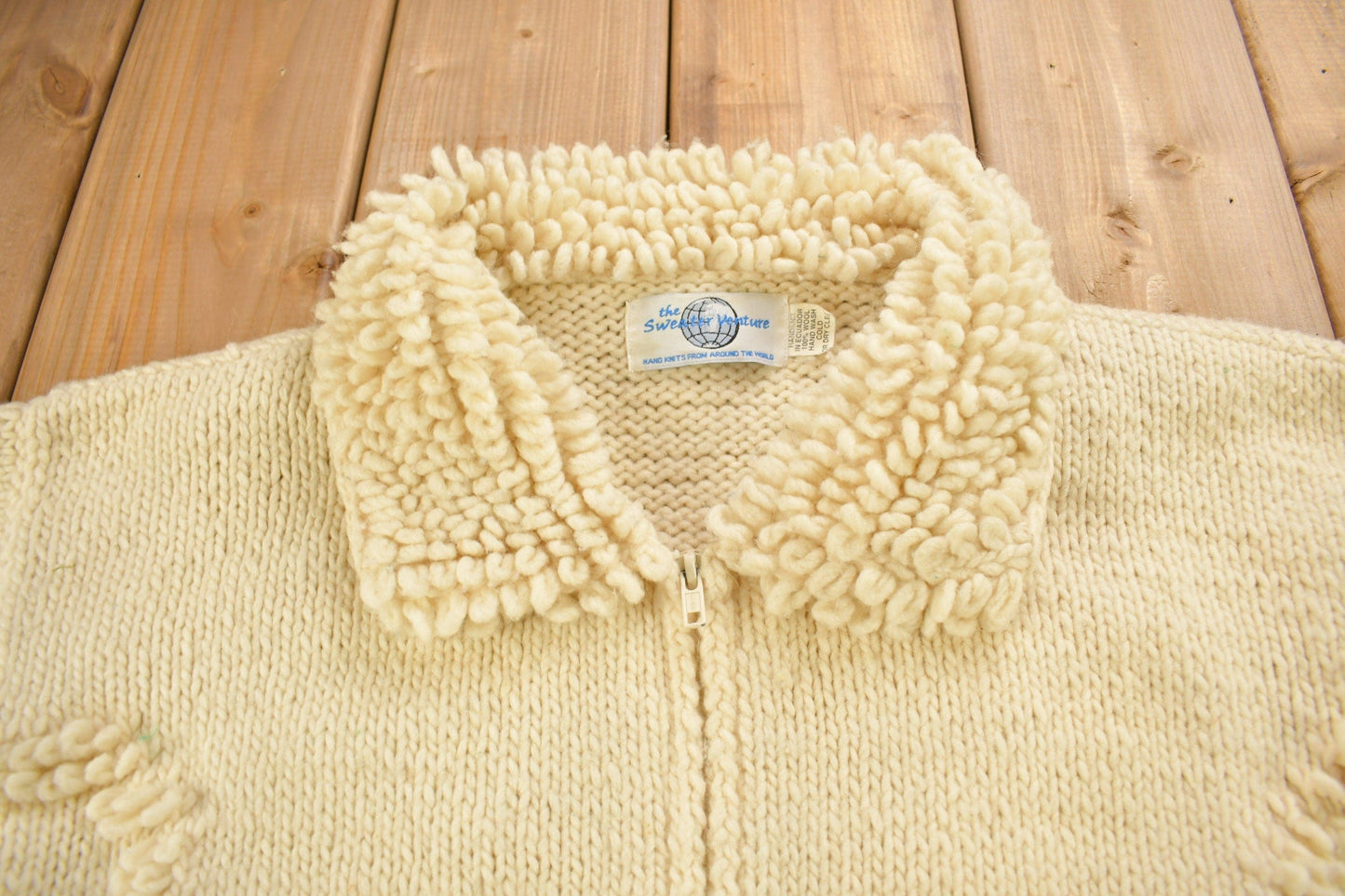 Vintage 1990s 100% Wool Hand Knit Zip Up Sweater Men's Medium from propervintagecanada