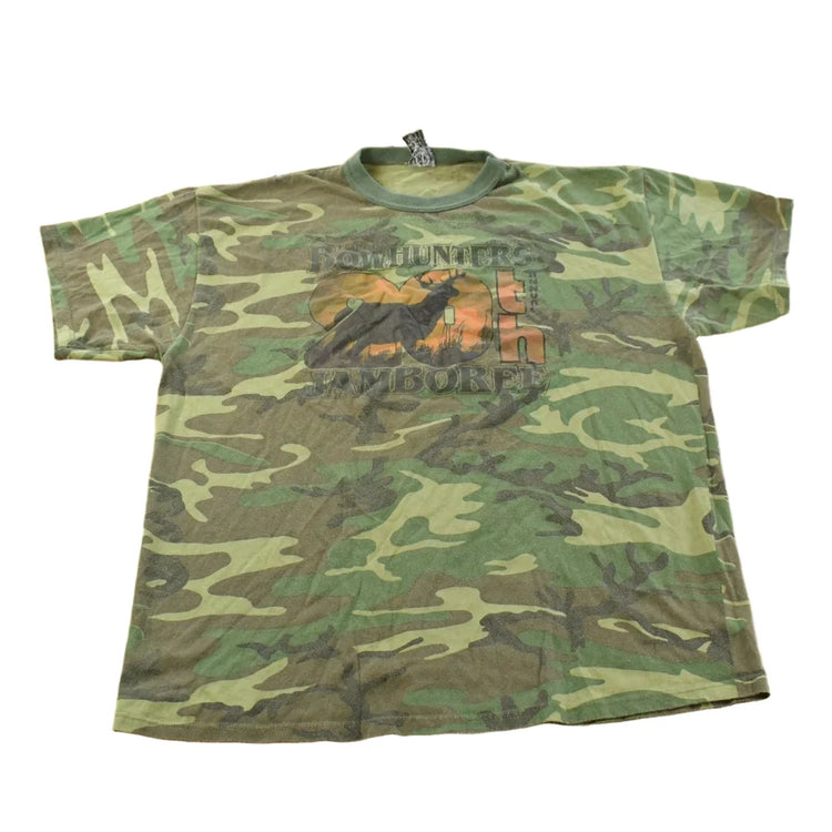 Vintage 1990s 1996 Bowhunters Jamboree Camo Graphic T-Shirt Men's L from propervintagecanada