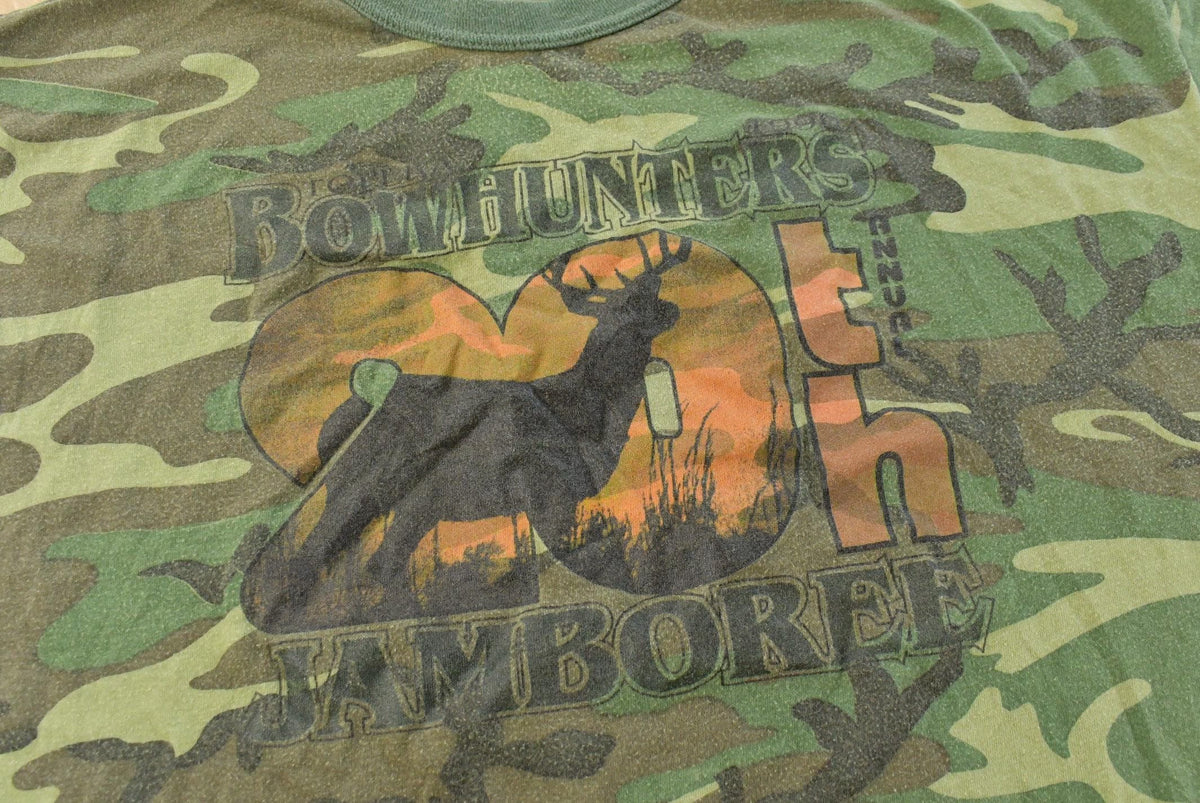 Vintage 1990s 1996 Bowhunters Jamboree Camo Graphic T-Shirt Men's L from propervintagecanada