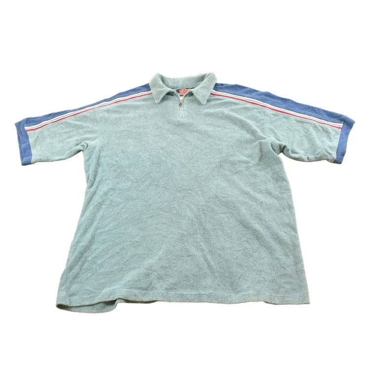 Vintage 1990s 26 Red Quarter Zip Terry Cloth Collared T-Shirt Mens XL from propervintagecanada