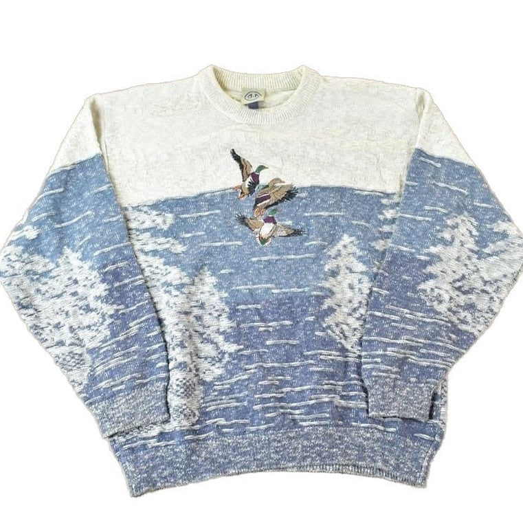 Vintage 1990s 3 Ducks Knit Abstract Pattern Crewneck Sweater Men's Large from propervintagecanada