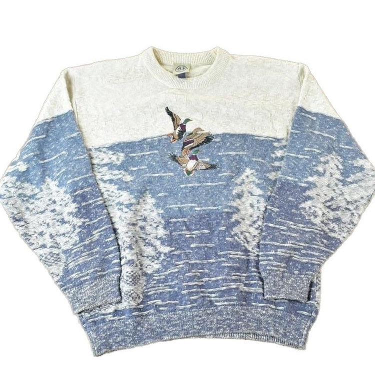 Vintage 1990s 3 Ducks Knit Abstract Pattern Crewneck Sweater Men's Large from propervintagecanada