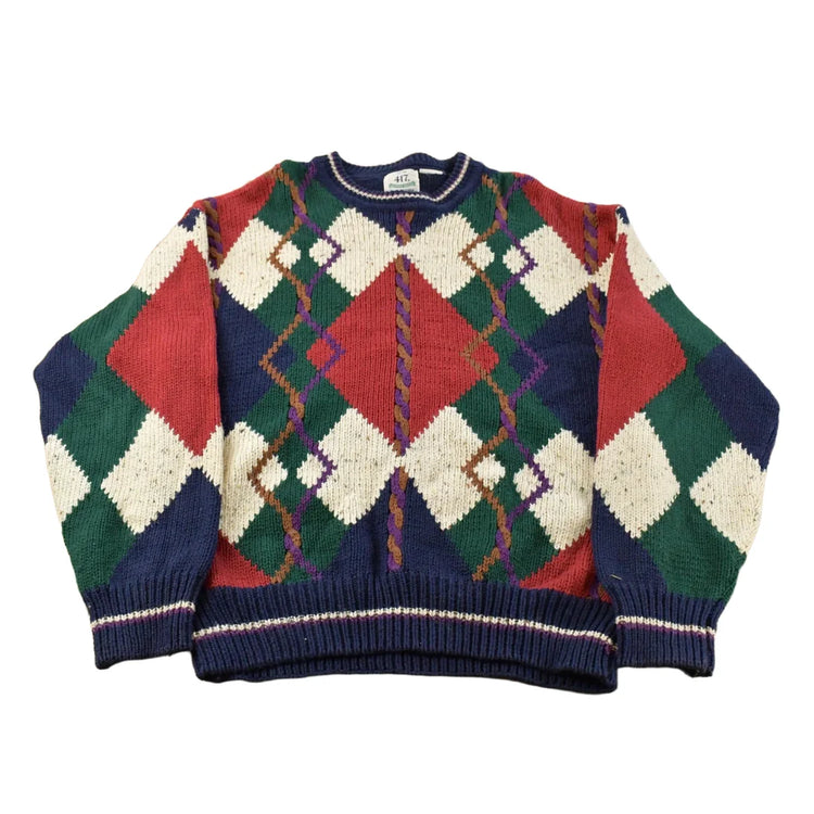 Vintage 1990s 417 Van Heusen Argyle Knit Abstract Pattern Crewneck Sweater Men's Large from propervintagecanada