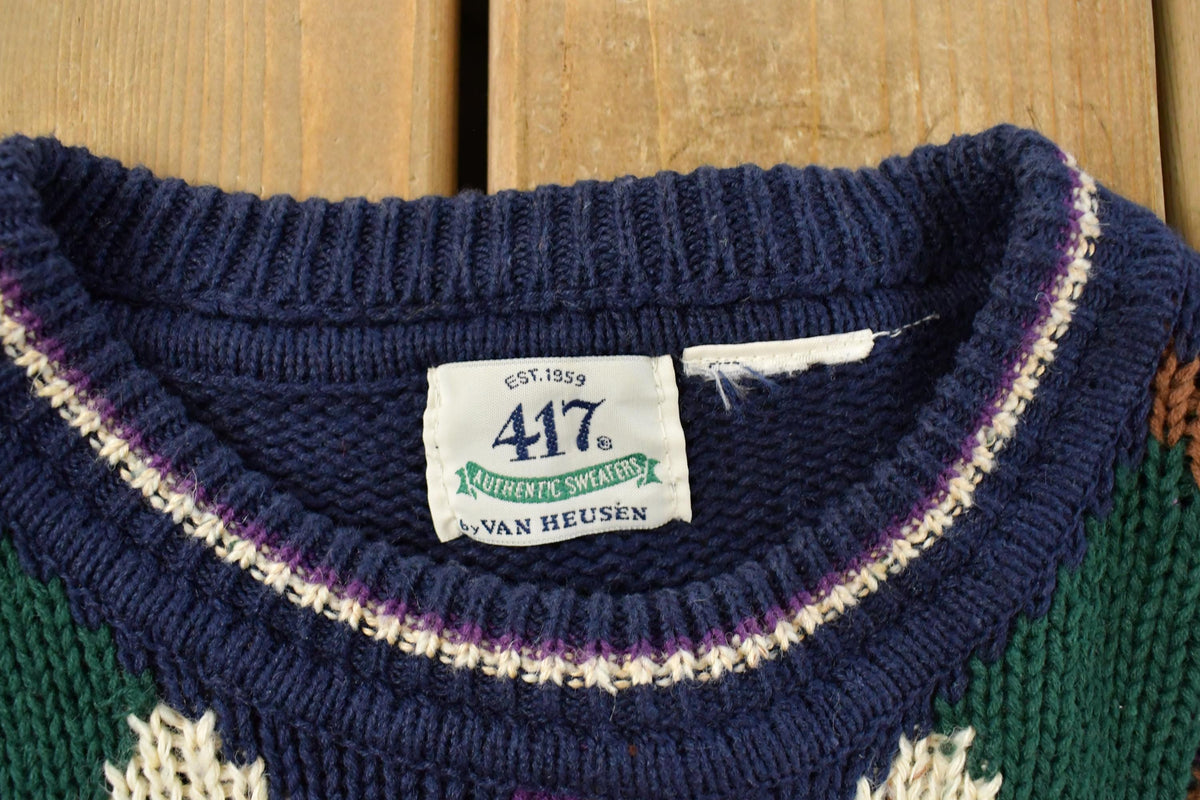 Vintage 1990s 417 Van Heusen Argyle Knit Abstract Pattern Crewneck Sweater Men's Large from propervintagecanada