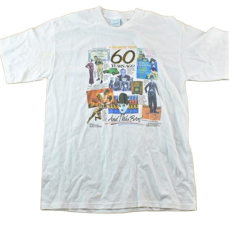 Vintage 1990s 60 Years Ago Birthday Souvenir Single Stitch Graphic Print T-Shirt Men's Large from propervintagecanada