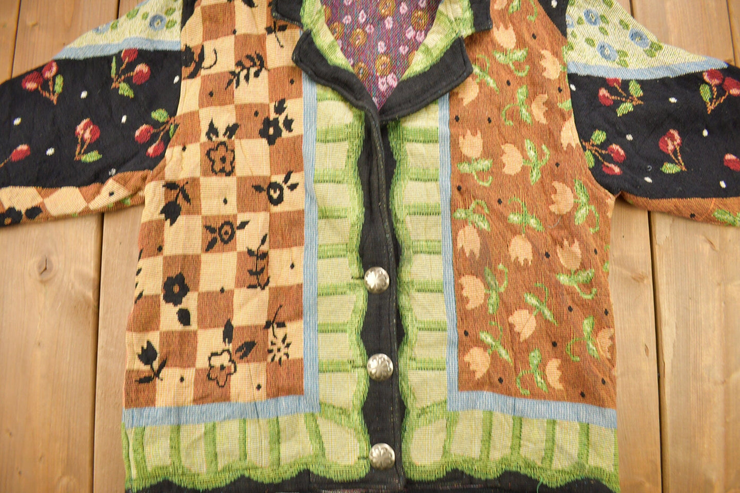 Vintage 1990s Abstract Patchwork Button Up Sweater from propervintagecanada