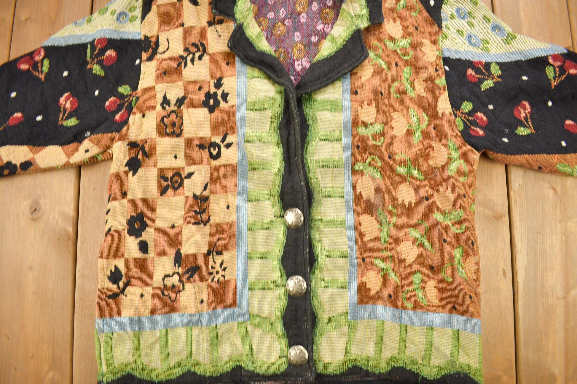 Vintage 1990s Abstract Patchwork Button Up Sweater from propervintagecanada