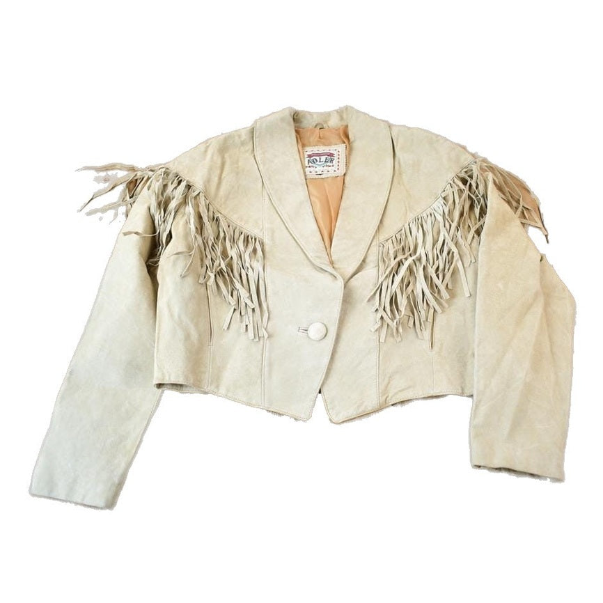 Vintage 1990s Adler Beige Suede LeatherFringe Jacket Women's M-L from propervintagecanada