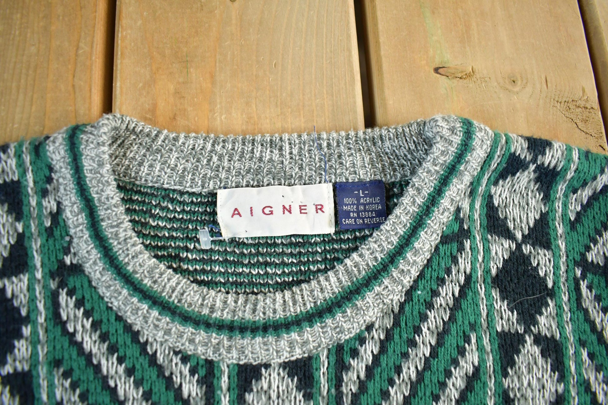 Vintage 1990s Aigner Knit Abstract Pattern Crewneck Sweater Men's Large from propervintagecanada