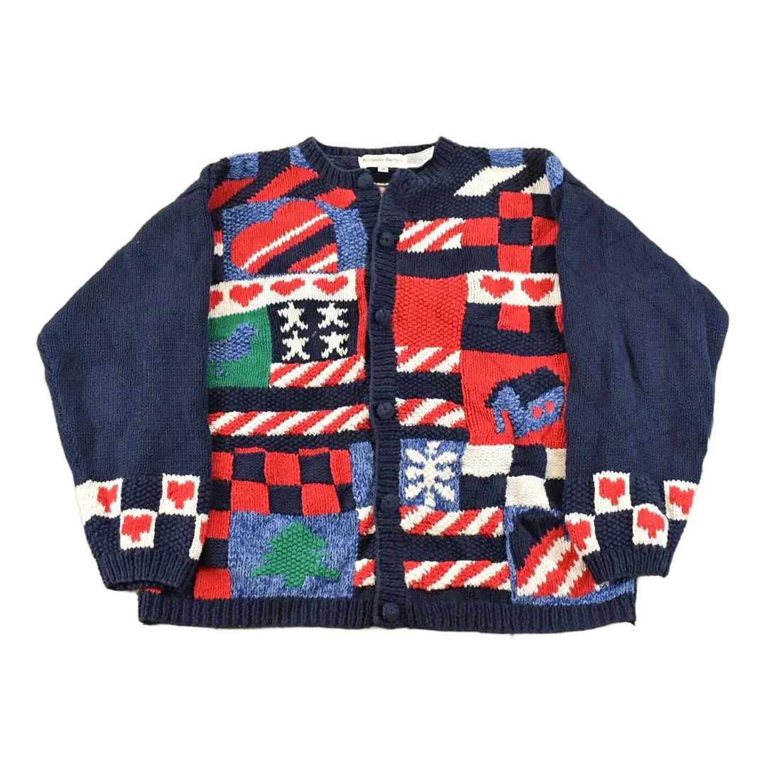 Vintage 1990s Alexandra Bartlett Grandma All Over Print Knit Cardigan Sweater Women's M from propervintagecanada