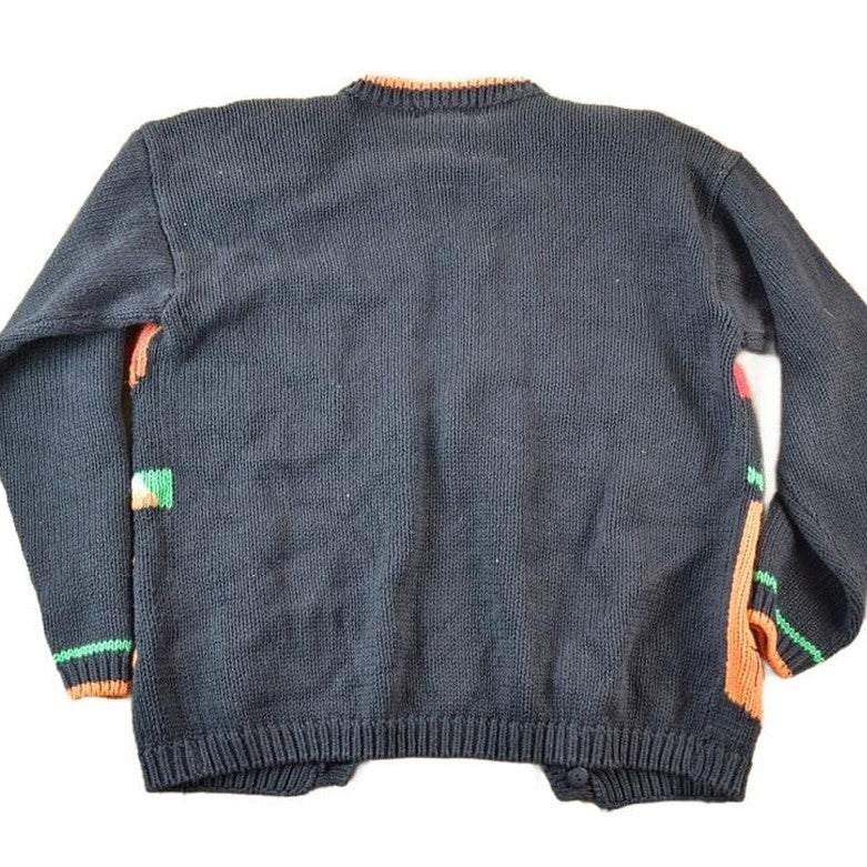 Vintage 1990s Alexandra Bartlett Halloween All Over Print Chunky Knit Abstract Pattern Cardigan Sweater Women's L from propervintagecanada