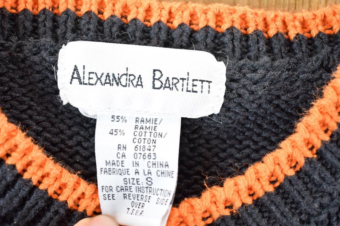 Vintage 1990s Alexandra Bartlett Halloween All Over Print Chunky Knit Abstract Pattern Cardigan Sweater Women's L from propervintagecanada