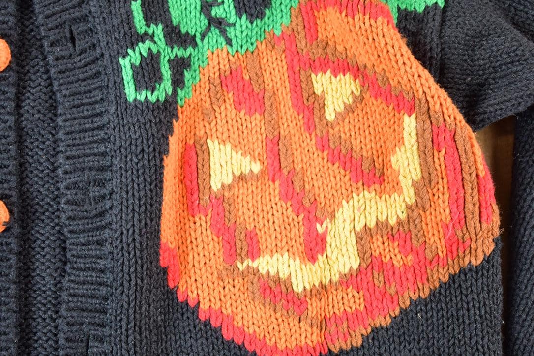 Vintage 1990s Alexandra Bartlett Halloween All Over Print Chunky Knit Abstract Pattern Cardigan Sweater Women's L from propervintagecanada