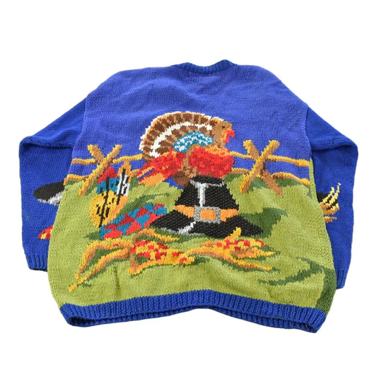 Vintage 1990s Alexandra Bartlett Thanksgiving Autumn AOP Heavy Knit Cardigan Sweater Women's L from propervintagecanada