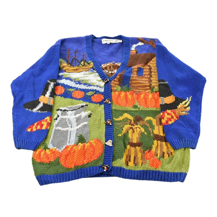 Vintage 1990s Alexandra Bartlett Thanksgiving Autumn AOP Heavy Knit Cardigan Sweater Women's L from propervintagecanada