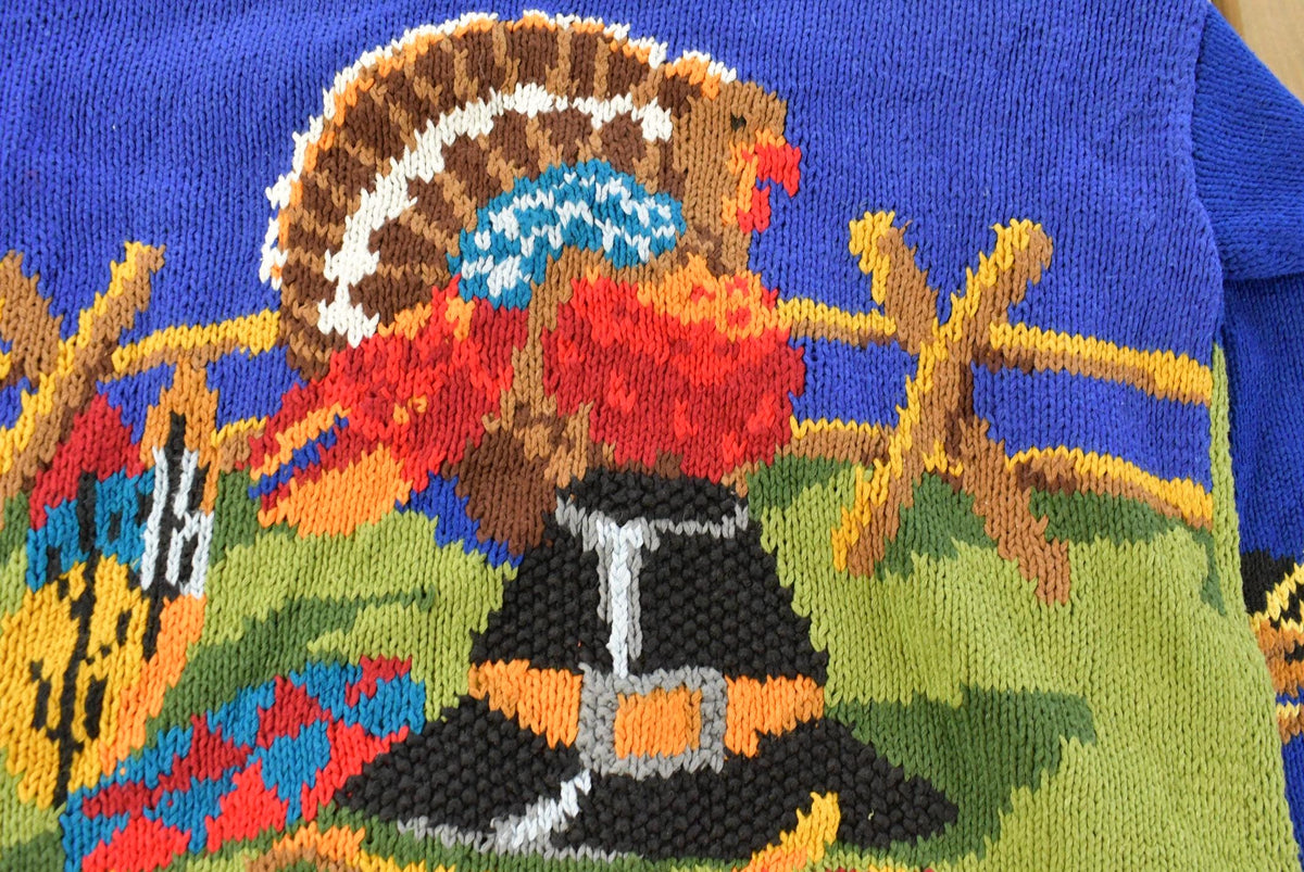 Vintage 1990s Alexandra Bartlett Thanksgiving Autumn AOP Heavy Knit Cardigan Sweater Women's L from propervintagecanada