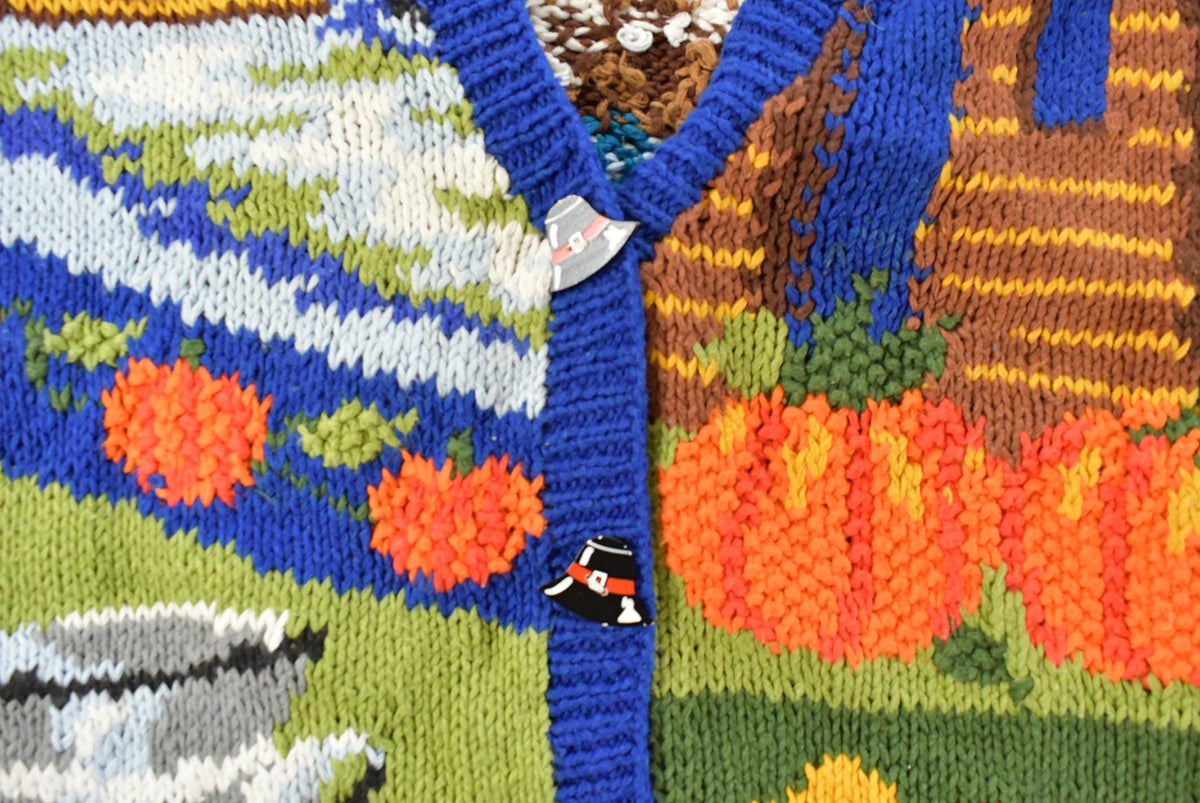 Vintage 1990s Alexandra Bartlett Thanksgiving Autumn AOP Heavy Knit Cardigan Sweater Women's L from propervintagecanada