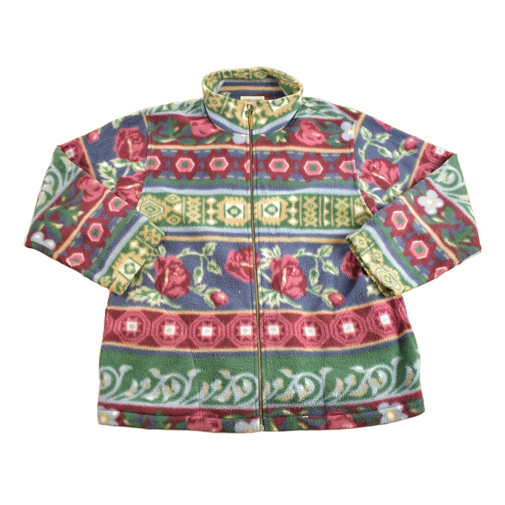 Vintage 1990s Alfred Dunner Abstract Floral Pattern Graphic Fleece Zip Up Sweater Men's Medium from propervintagecanada