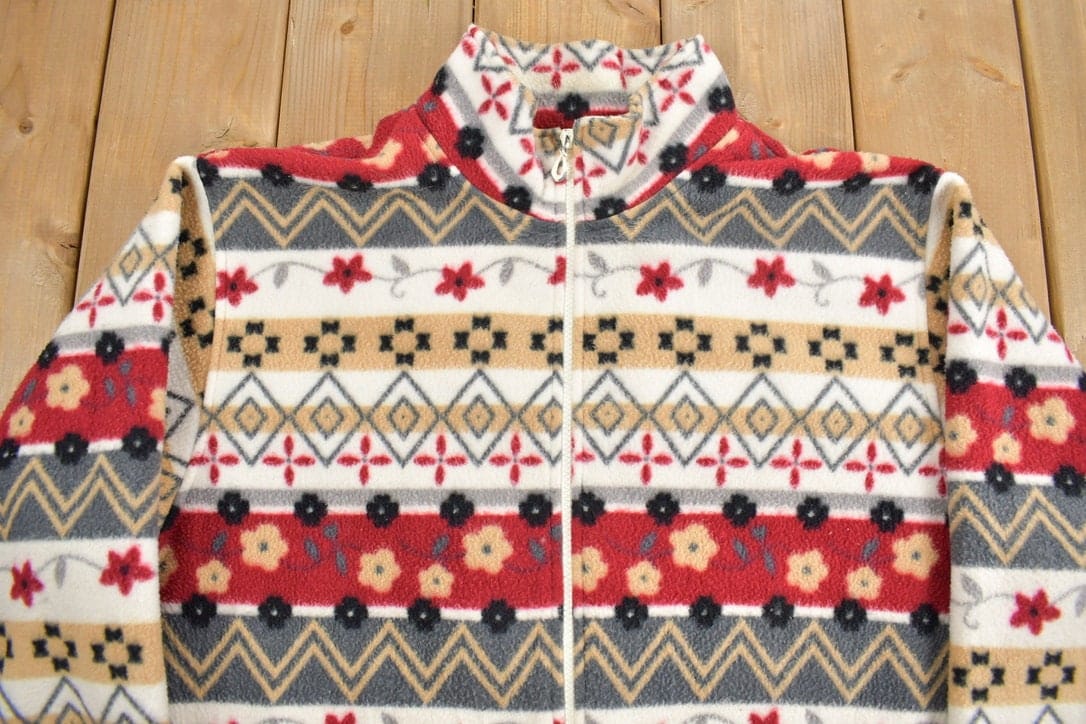 Vintage 1990s Alfred Dunner Abstract Pattern Graphic Fleece Zip Up Sweater Men's XL from propervintagecanada