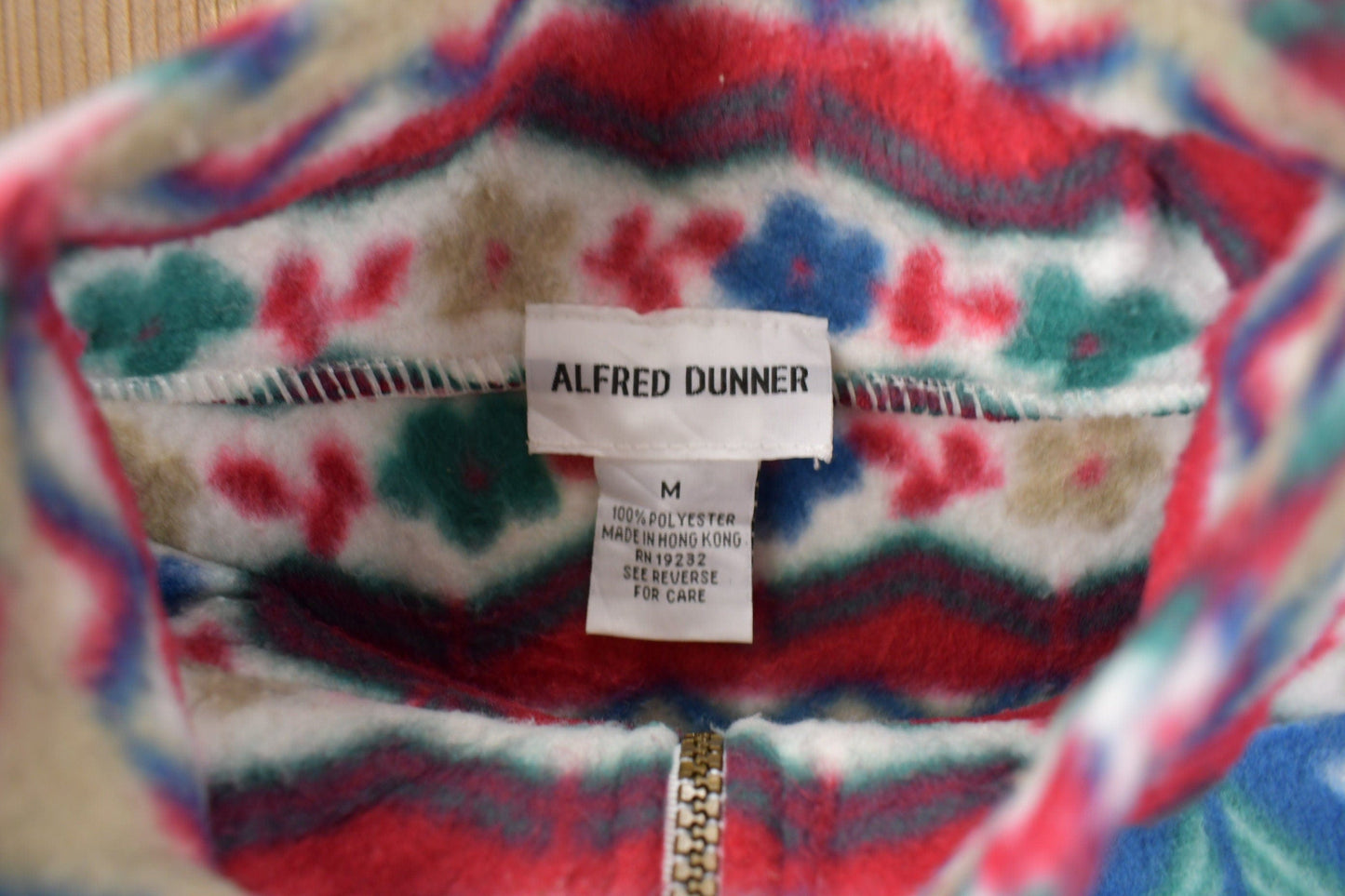 Vintage 1990s Alfred Dunner All Over Print Zip Up Fleece Sweater Size Woman's Medium from propervintagecanada