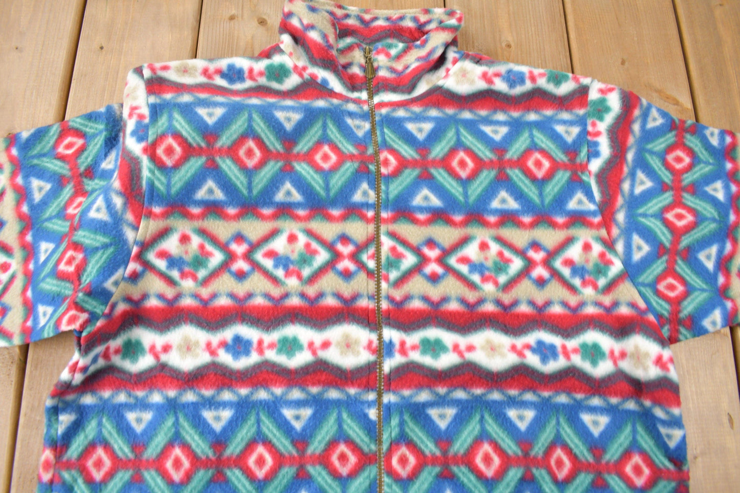 Vintage 1990s Alfred Dunner All Over Print Zip Up Fleece Sweater Size Woman's Medium from propervintagecanada