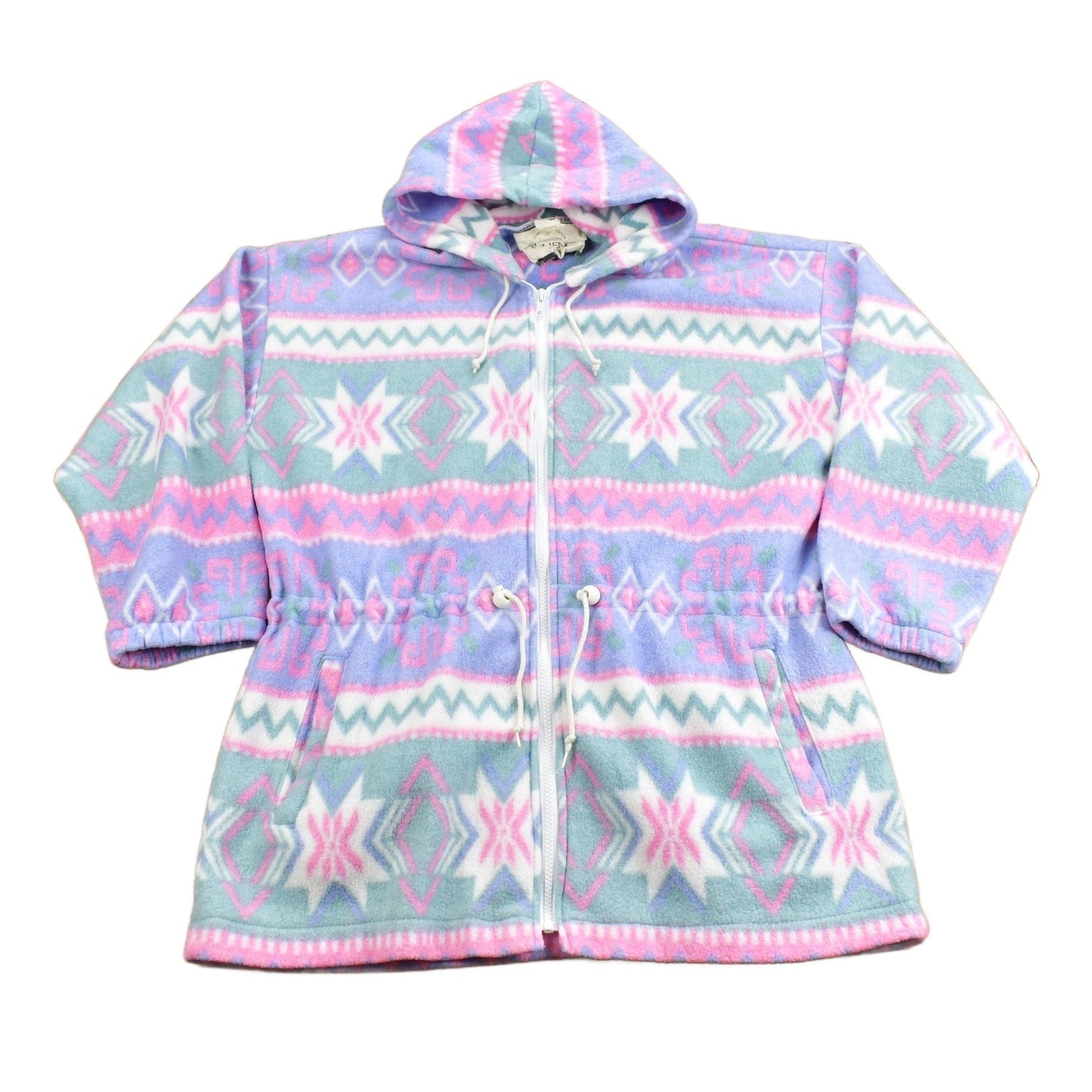 Vintage 1990s All Over Pattern Hooded Fleece Sweater Women's L from propervintagecanada