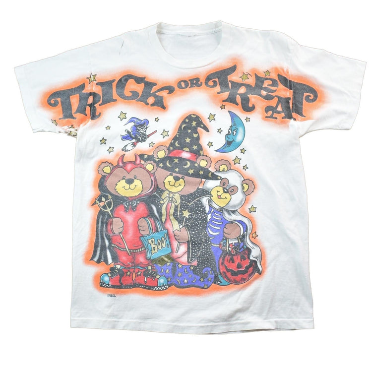 Vintage 1990s All Over Print Cute Bear Trick Or Treat Halloween T-Shirt Men's Medium from propervintagecanada