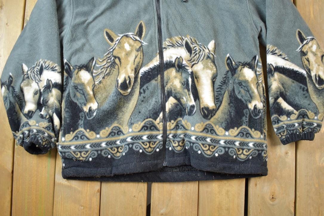 Vintage 1990s All Over Print Horses Medium Weight Fleece Hooded Zip Up Jacket Men's XL from propervintagecanada
