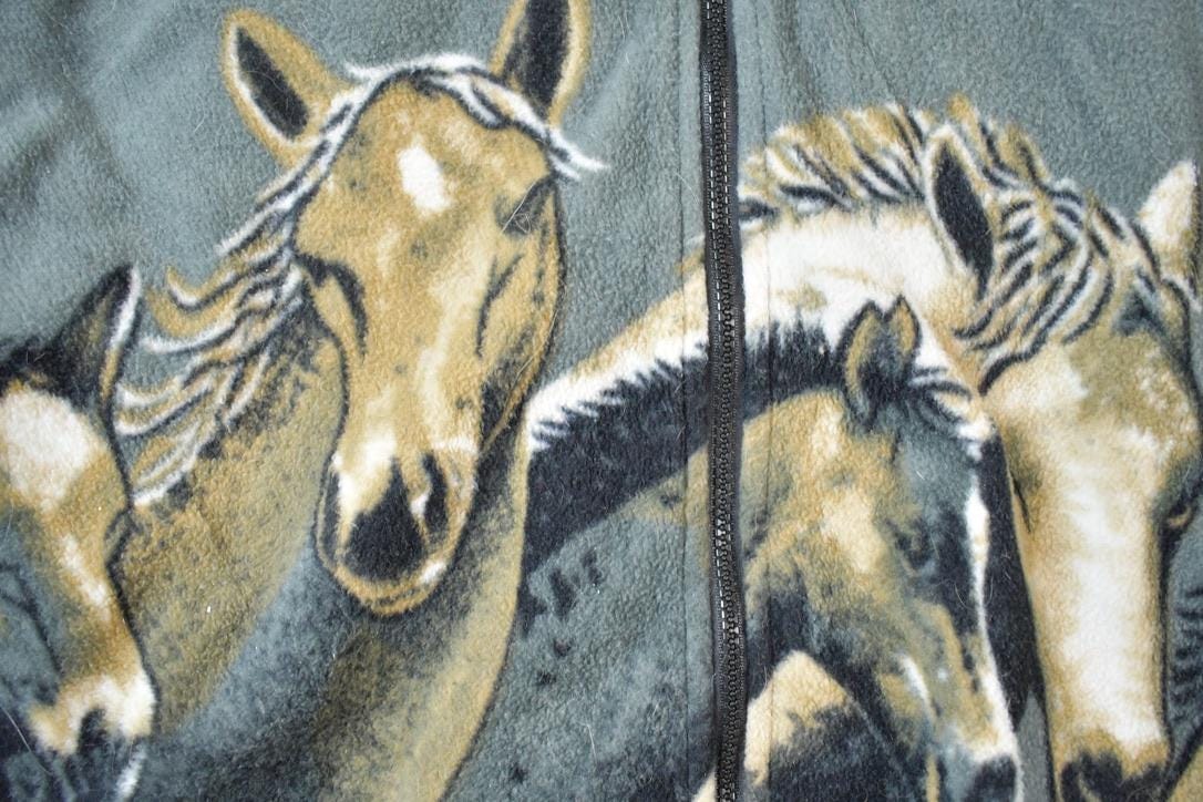 Vintage 1990s All Over Print Horses Medium Weight Fleece Hooded Zip Up Jacket Men's XL from propervintagecanada