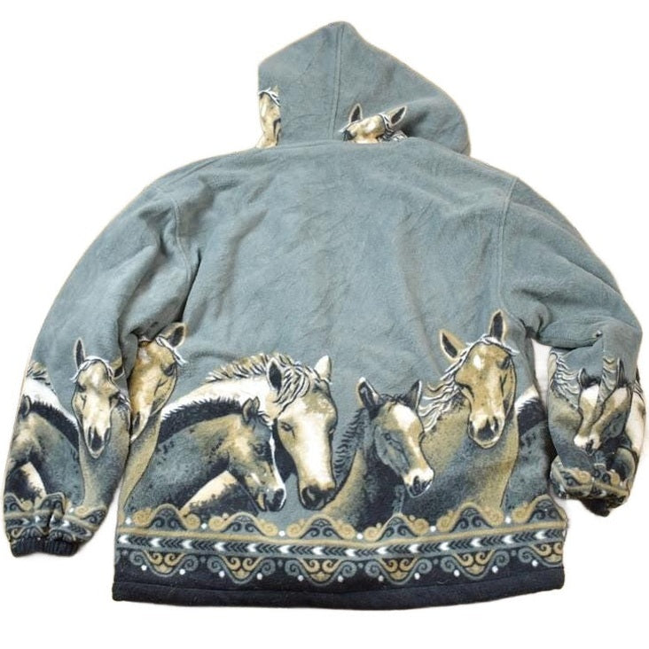 Vintage 1990s All Over Print Horses Medium Weight Fleece Hooded Zip Up Jacket Men's XL from propervintagecanada