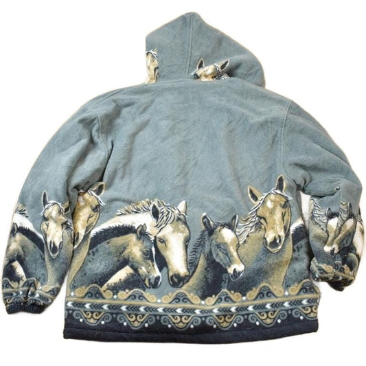 Vintage 1990s All Over Print Horses Medium Weight Fleece Hooded Zip Up Jacket Men's XL from propervintagecanada