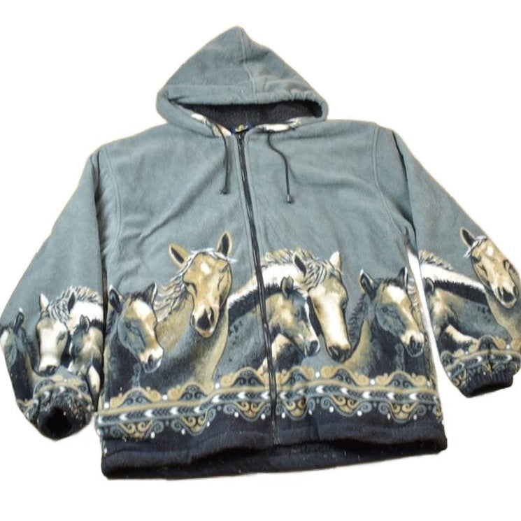 Vintage 1990s All Over Print Horses Medium Weight Fleece Hooded Zip Up Jacket Men's XL from propervintagecanada