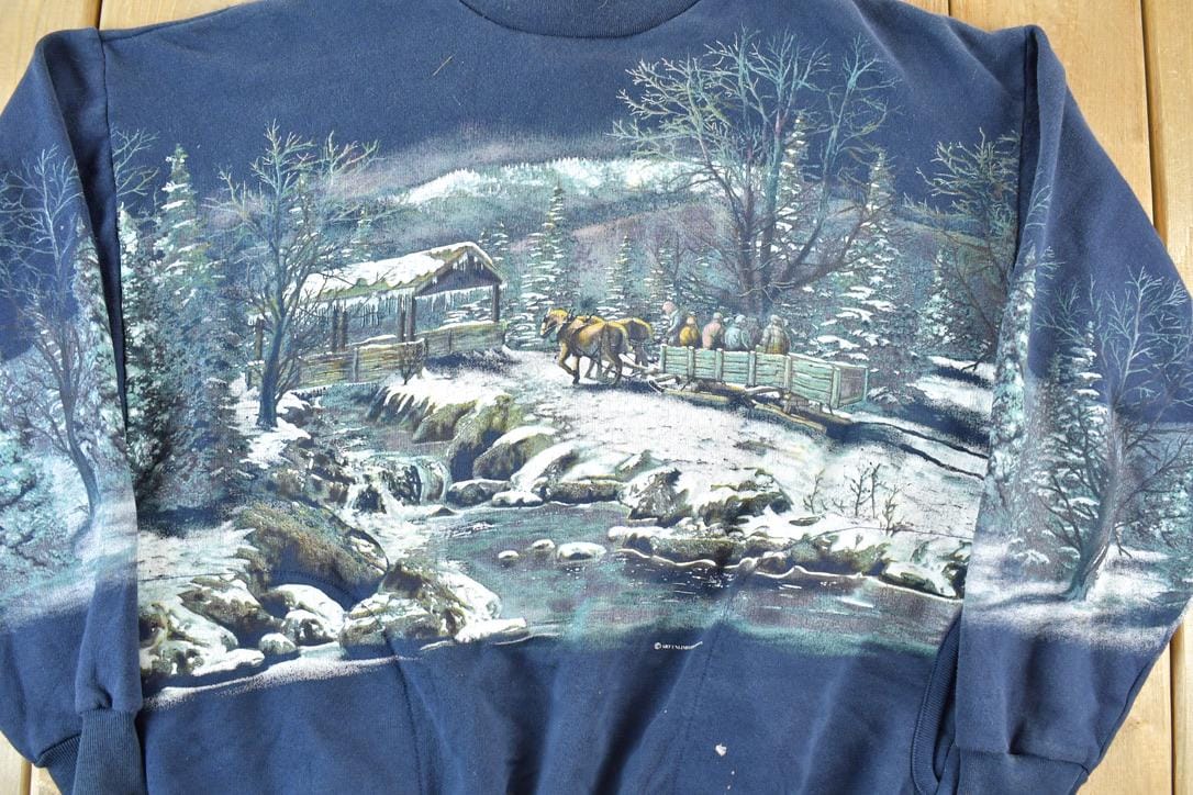 Vintage 1990s All Over Print Winter Theme Laceneck Crewneck Sweatshirt Men's Large from propervintagecanada