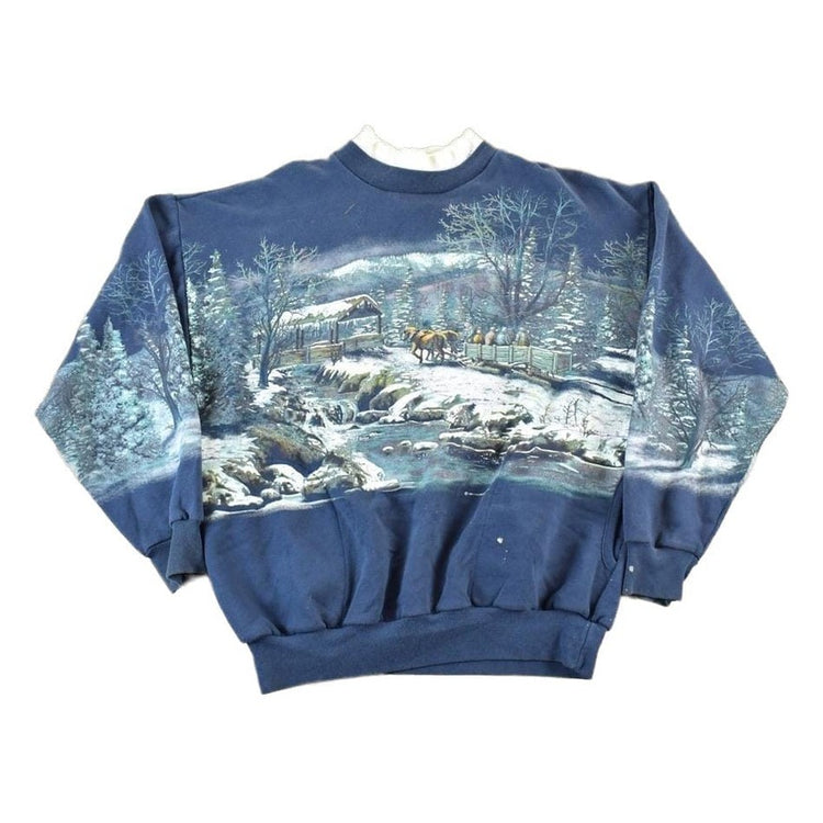 Vintage 1990s All Over Print Winter Theme Laceneck Crewneck Sweatshirt Men's Large from propervintagecanada