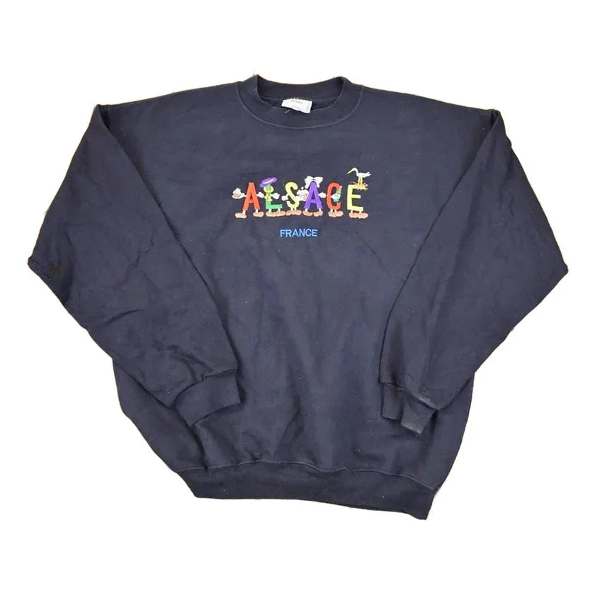 Vintage 1990s Alsace France Embroidered Cartoon Crewneck Sweatshirt Mens XL / Made In USA / 90's Destination Sweater from propervintagecanada