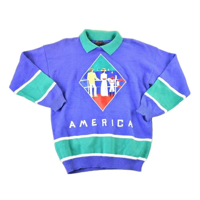 Vintage 1990s America Knit Boat Watching Collared Crewneck Sweater Mens S from propervintagecanada