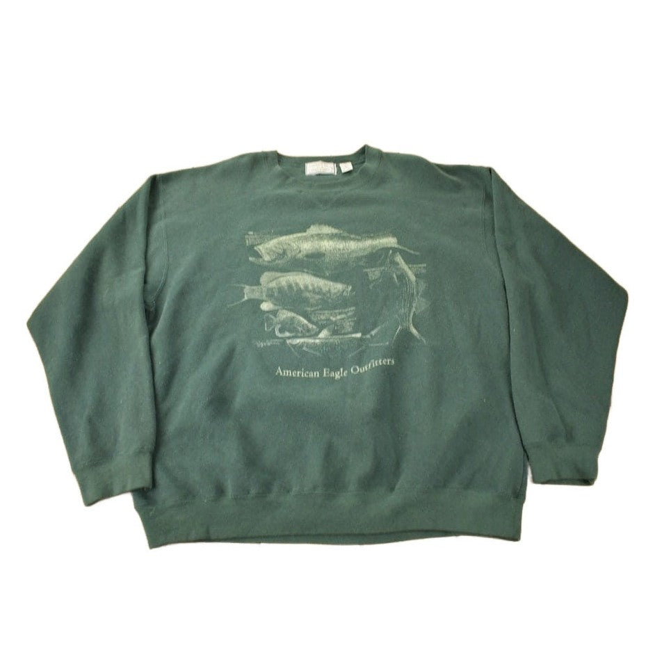 Vintage 1990s American Eagle Outfitters Fish Graphic Outdoorsman Crewneck Sweatshirt Men's XL from propervintagecanada